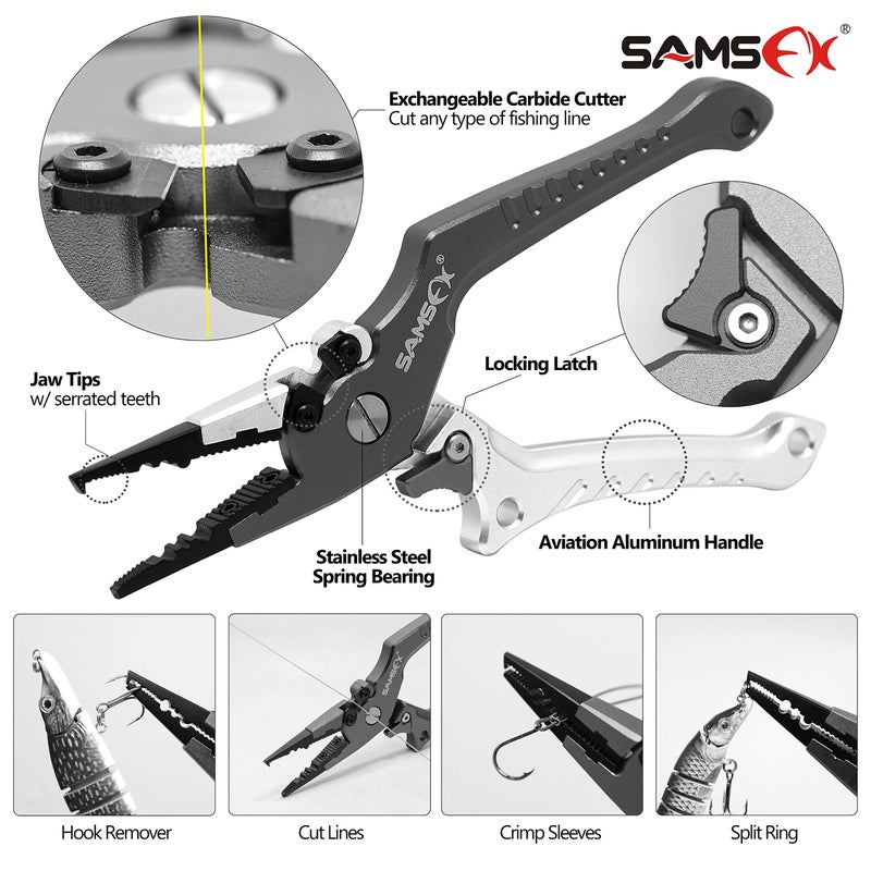SAMSFX Aluminum Fishing Pliers Hook Remover Braid Line Cutter with Coiled Lanyard, Fly Fishing Knot Tying Tool & Retractors (Silver & Gray Handle, Split Ring Nose) - Image 3